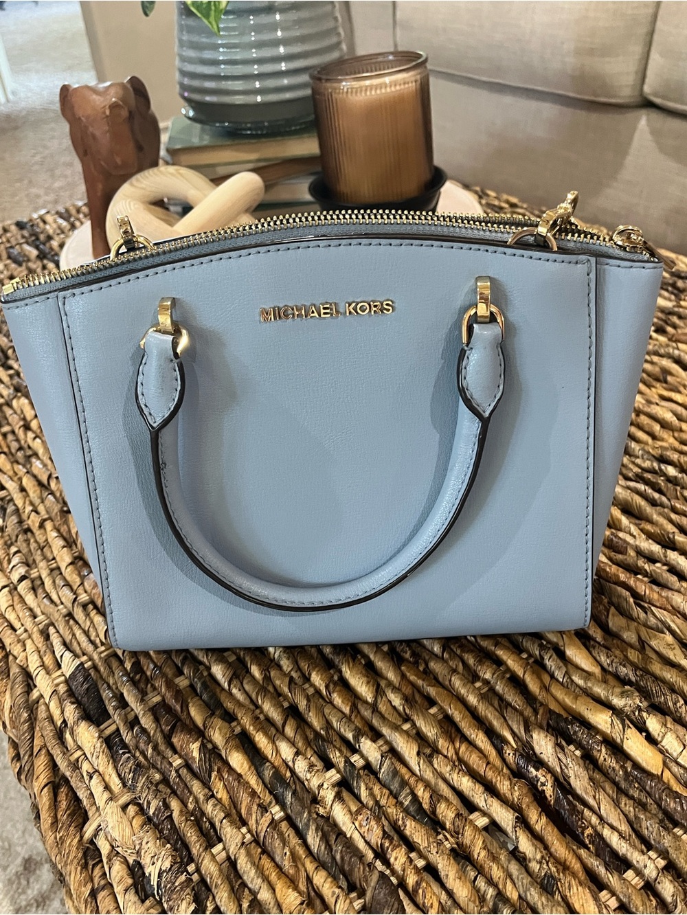 Michael Kors Blue Saffiano Leather Satchel with Gold accents